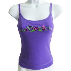 Vintage 80s Guess Purple Cami Tank Top Embroidered Nylon Mesh Overlay Adj Straps